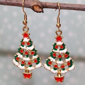 New Cute Enameled Christmas Tree Drop Earrings Gold   E16